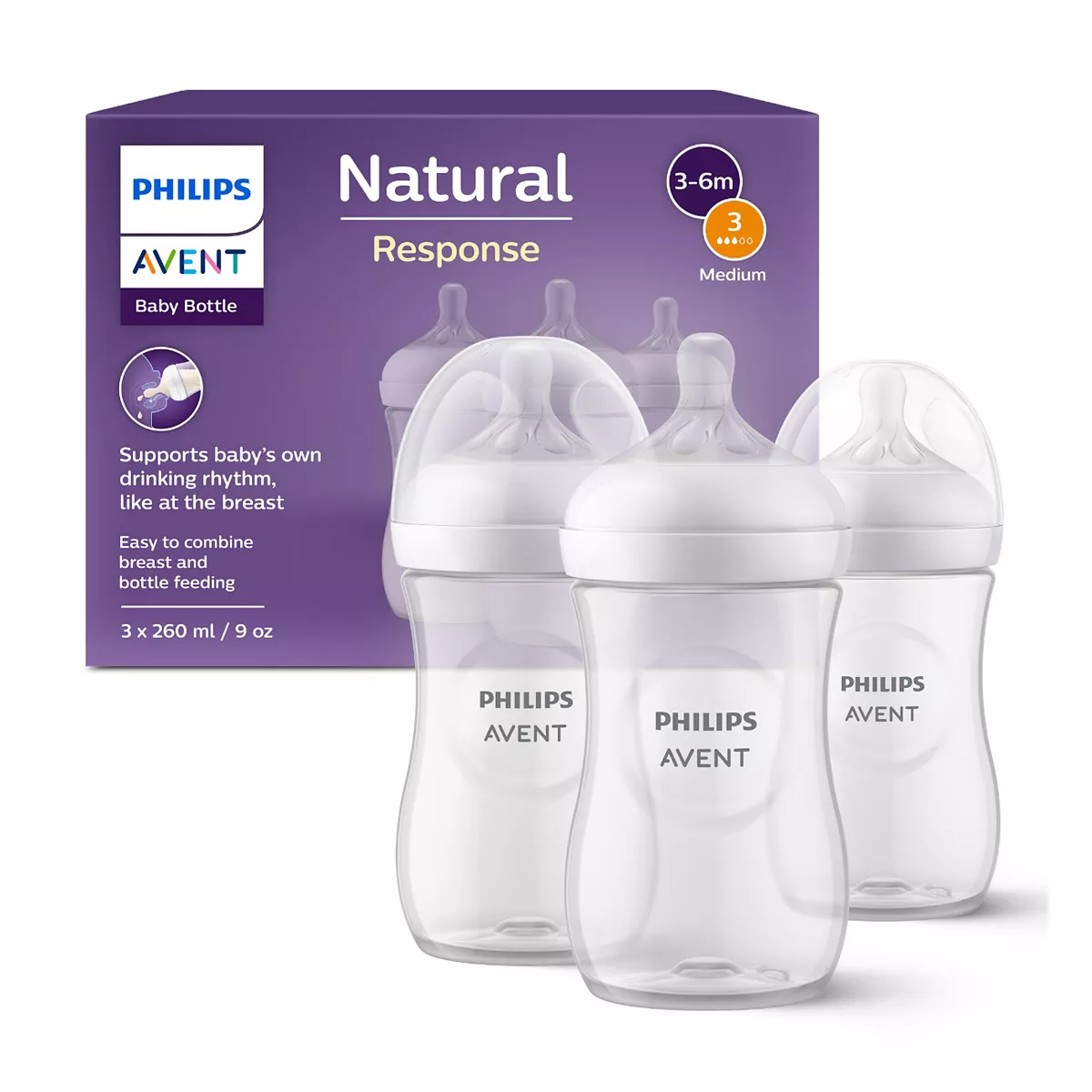 Philips Avent Natural Response Bottle Medium Flow 3 Teat 3x 260ml SCY903/03