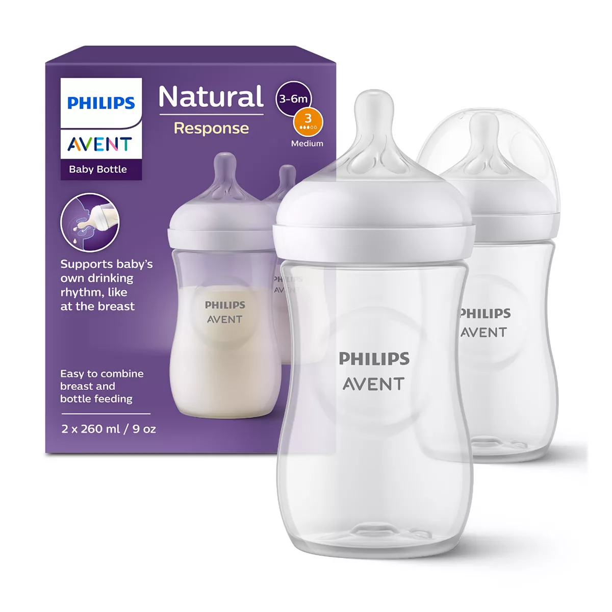 Philips Avent Natural Response Bottle Medium Flow 3 Teat 2x 260ml SCY903/02