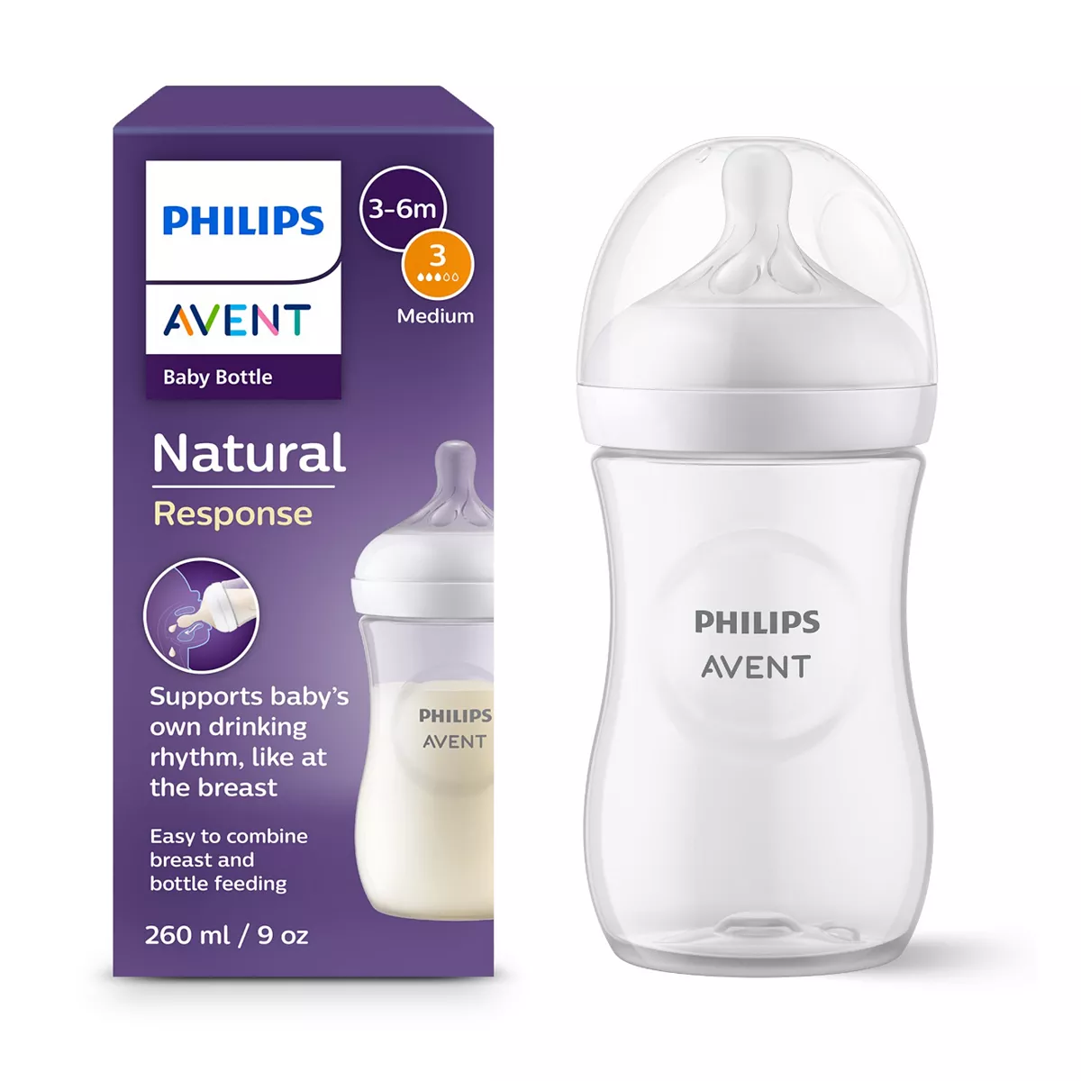 Philips Avent Natural Response Bottle Medium Flow 3 Teat 260ml SCY903/01