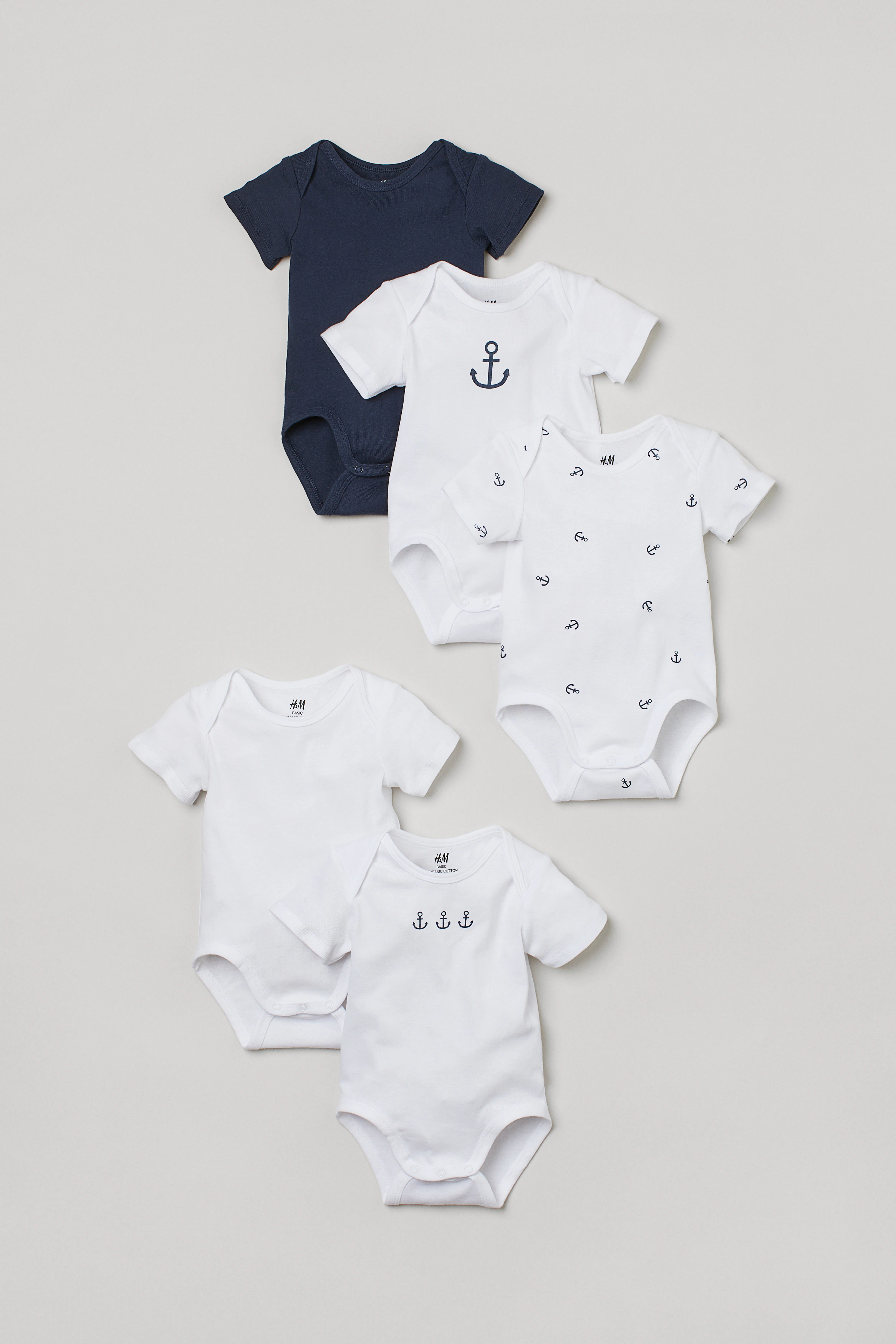5-pack short-sleeved bodysuits — Navy blue/Anchor