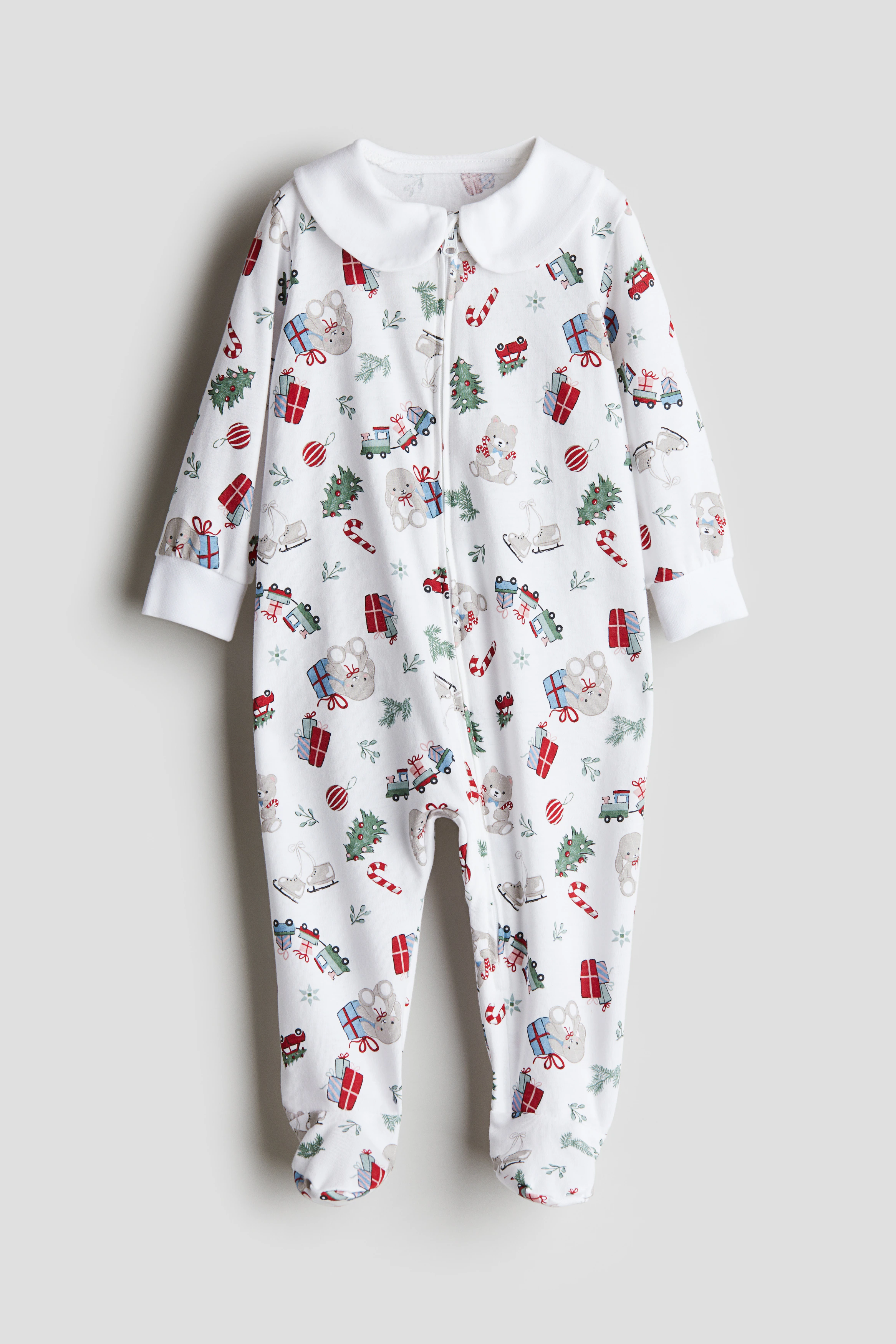 Collared zip-up sleepsuit — White/Christmas