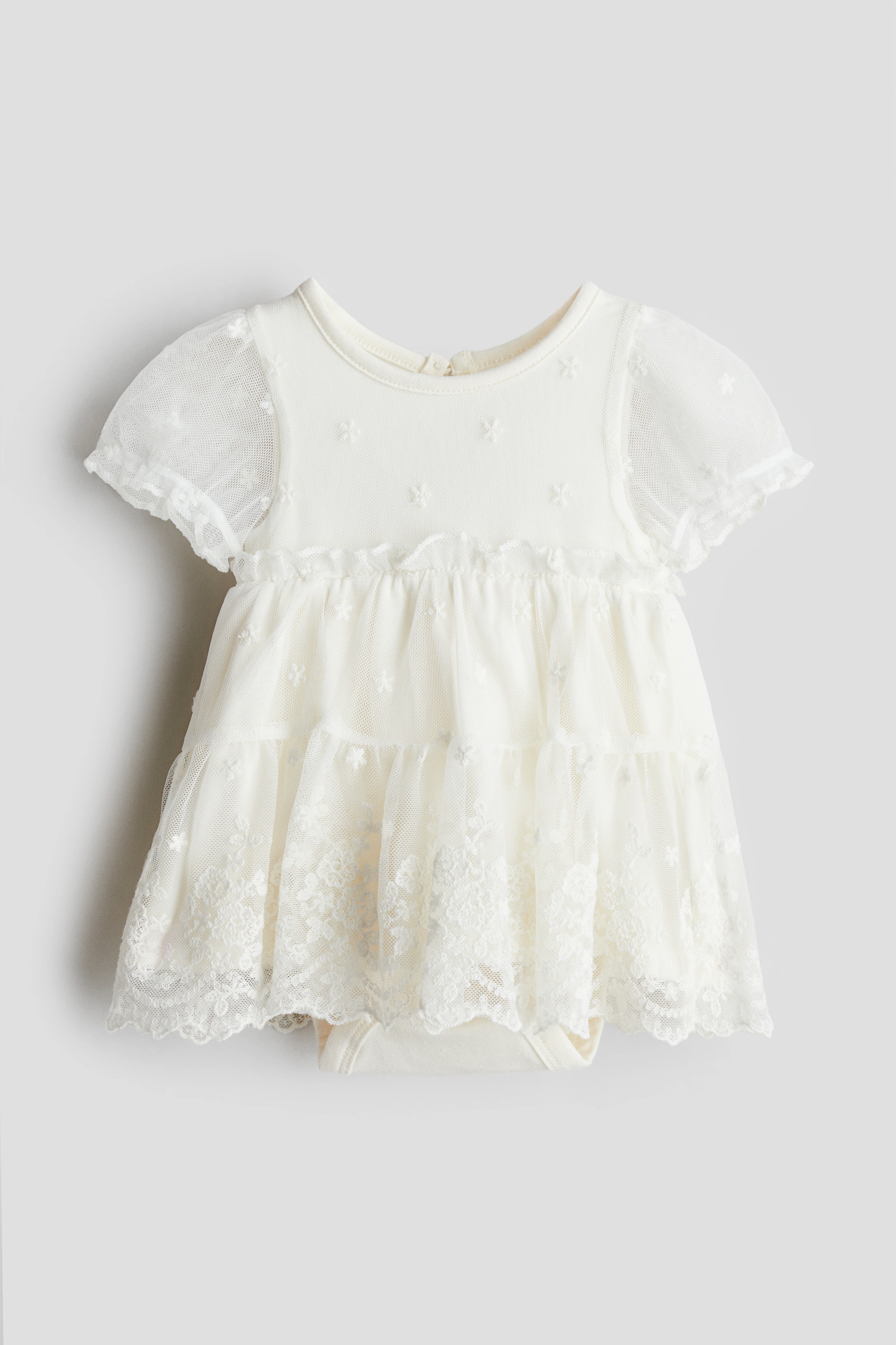 Embroidered mesh bodysuit dress — White