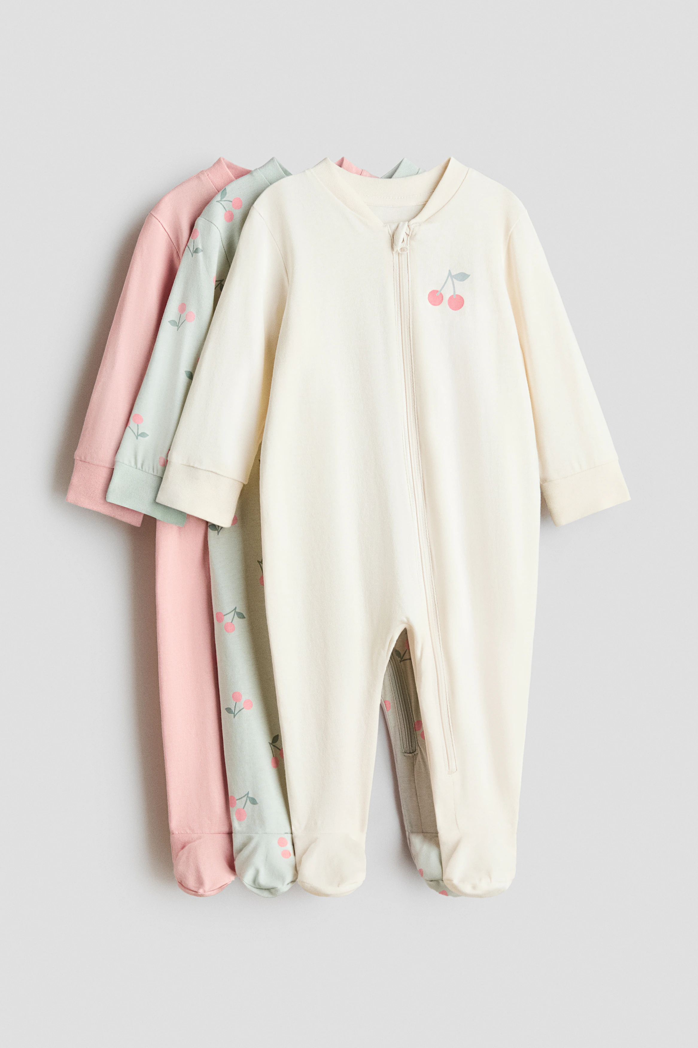 3-pack zip-up sleepsuits — Pink/Cherries