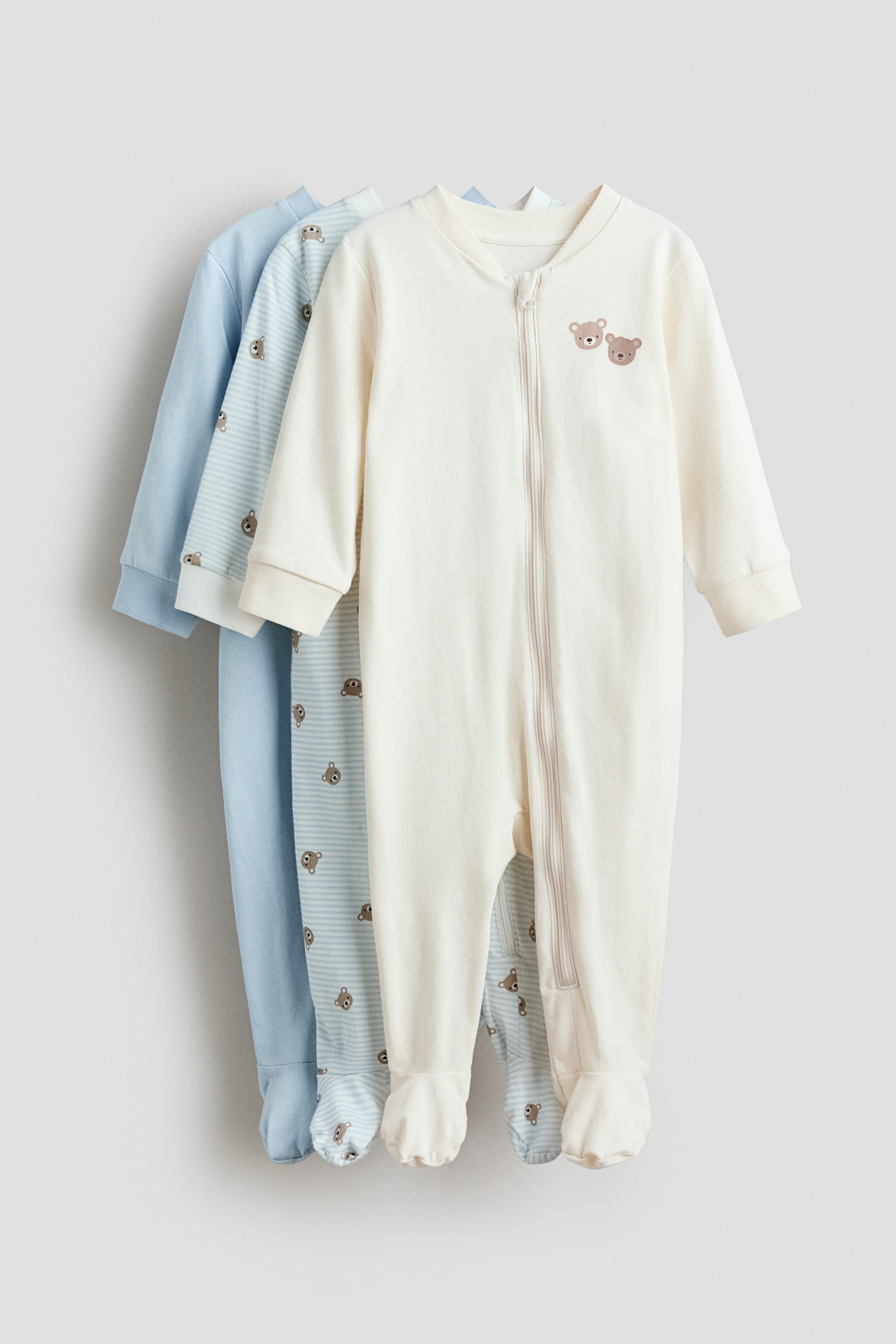 3-pack zip-up sleepsuits — Light blue/Bears