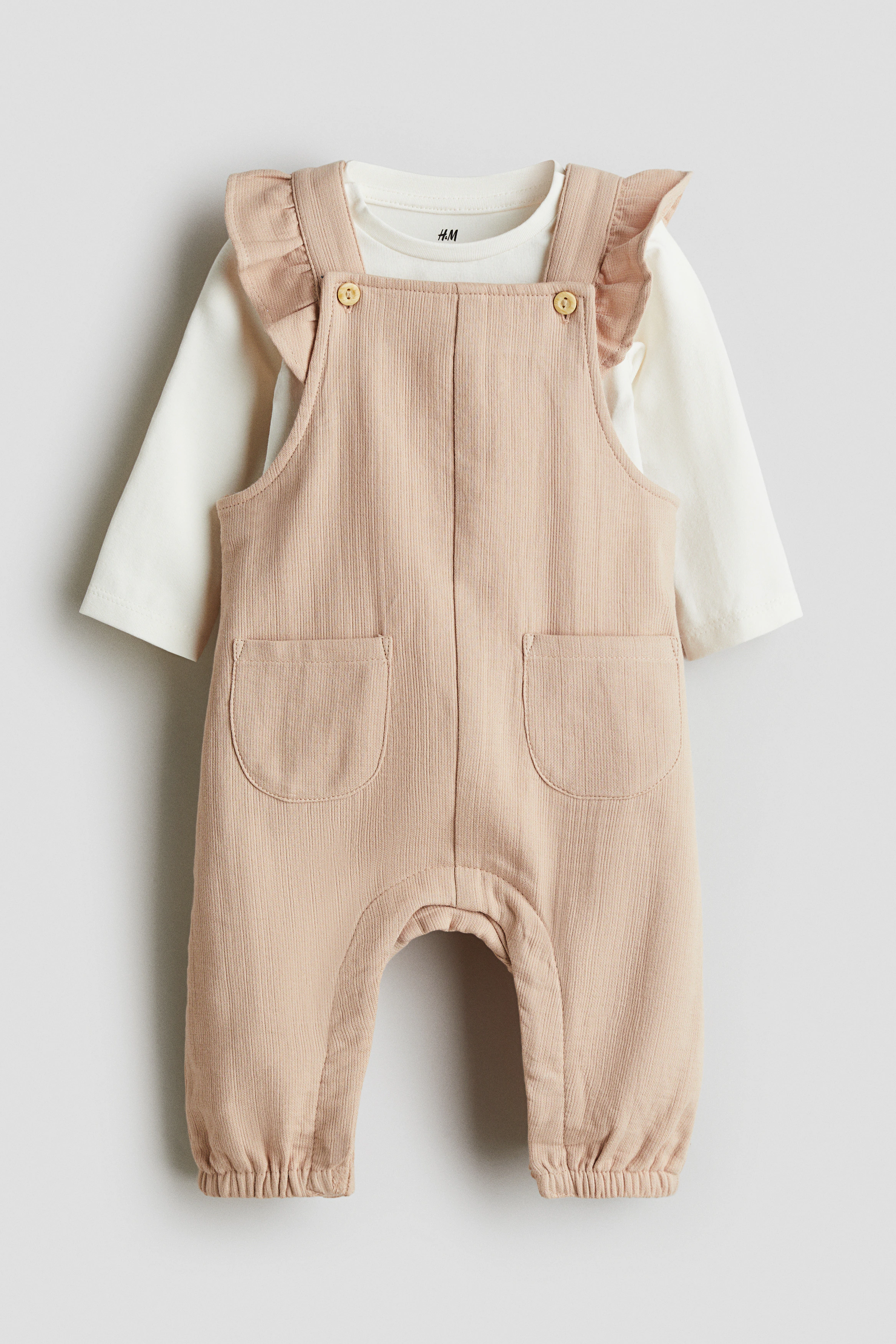 2-piece cotton set — Light beige/White