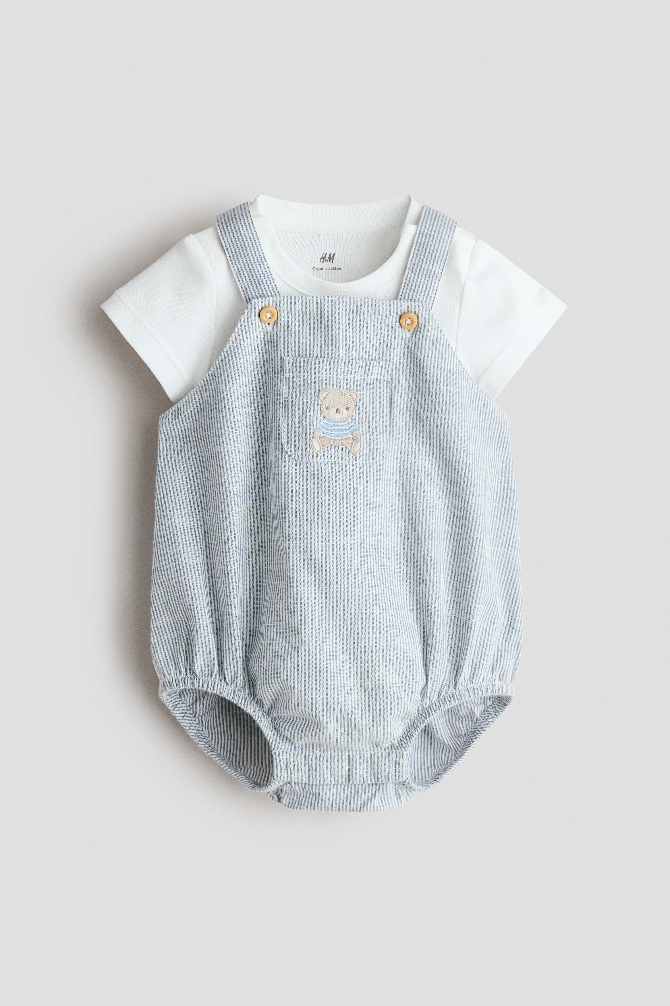 2-piece cotton set — Blue striped/Teddy bear