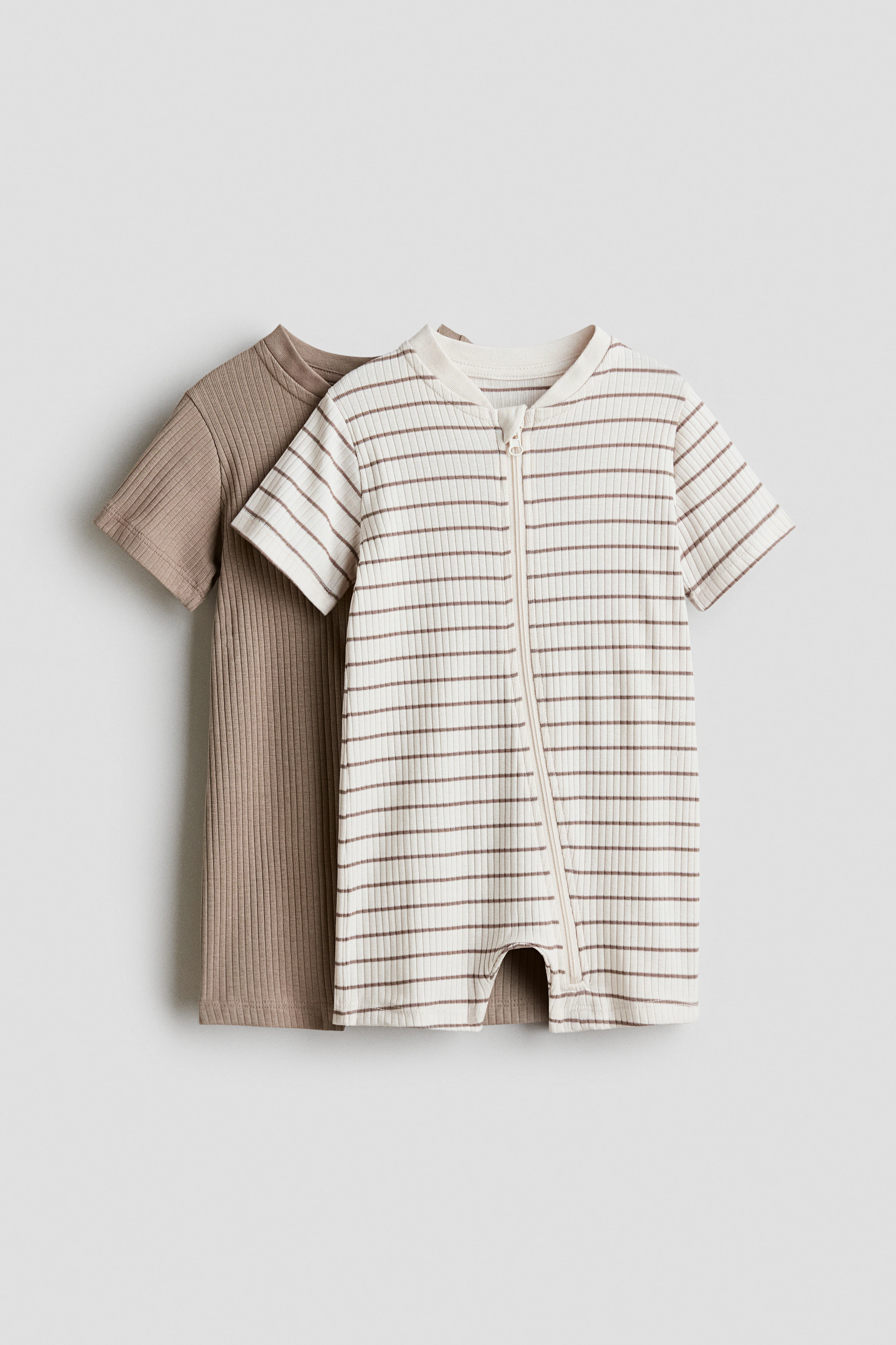 2-pack short cotton sleepsuits — Beige/White striped