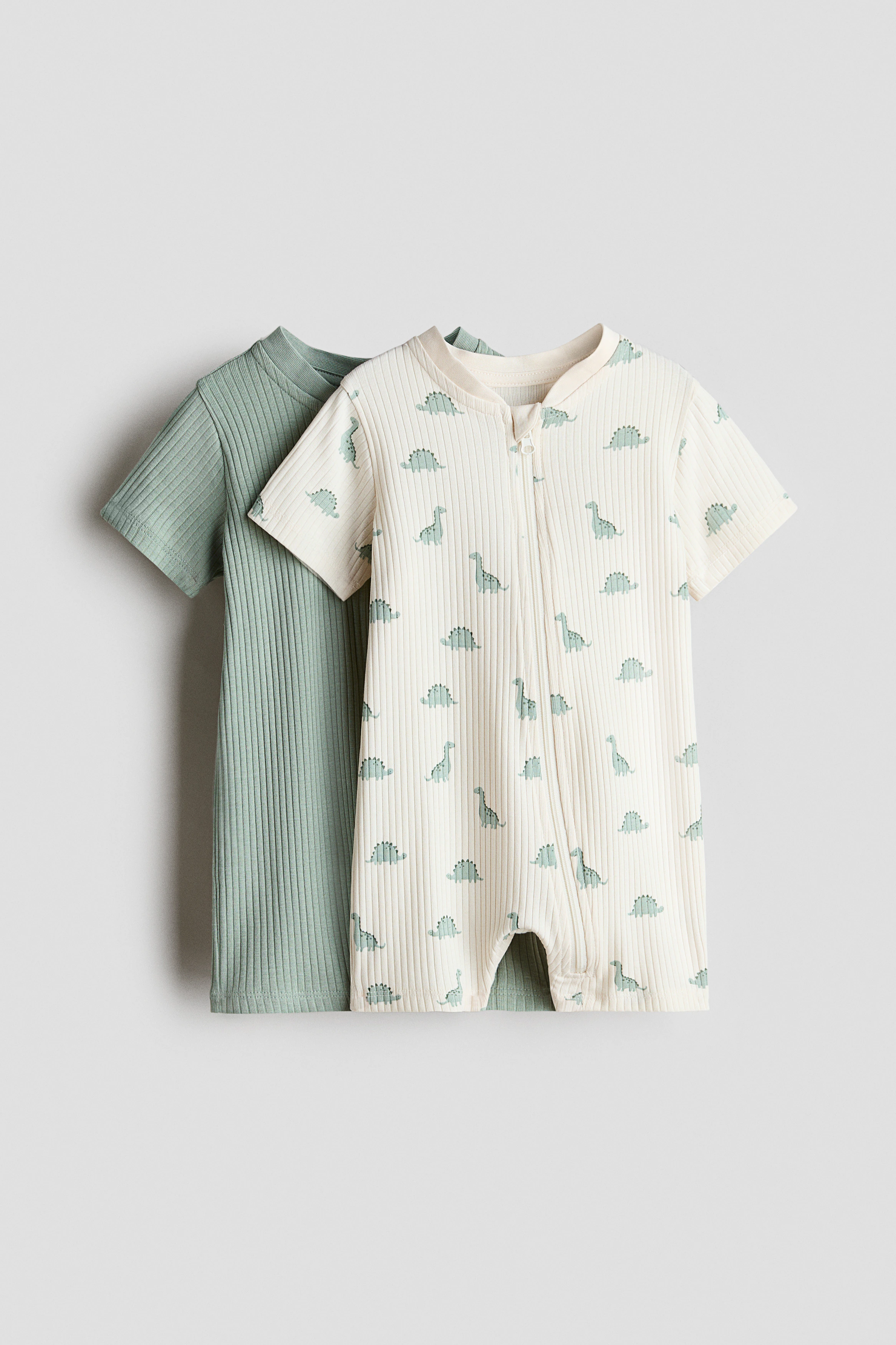 2-pack short cotton sleepsuits — Dusty green/Dinosaurs