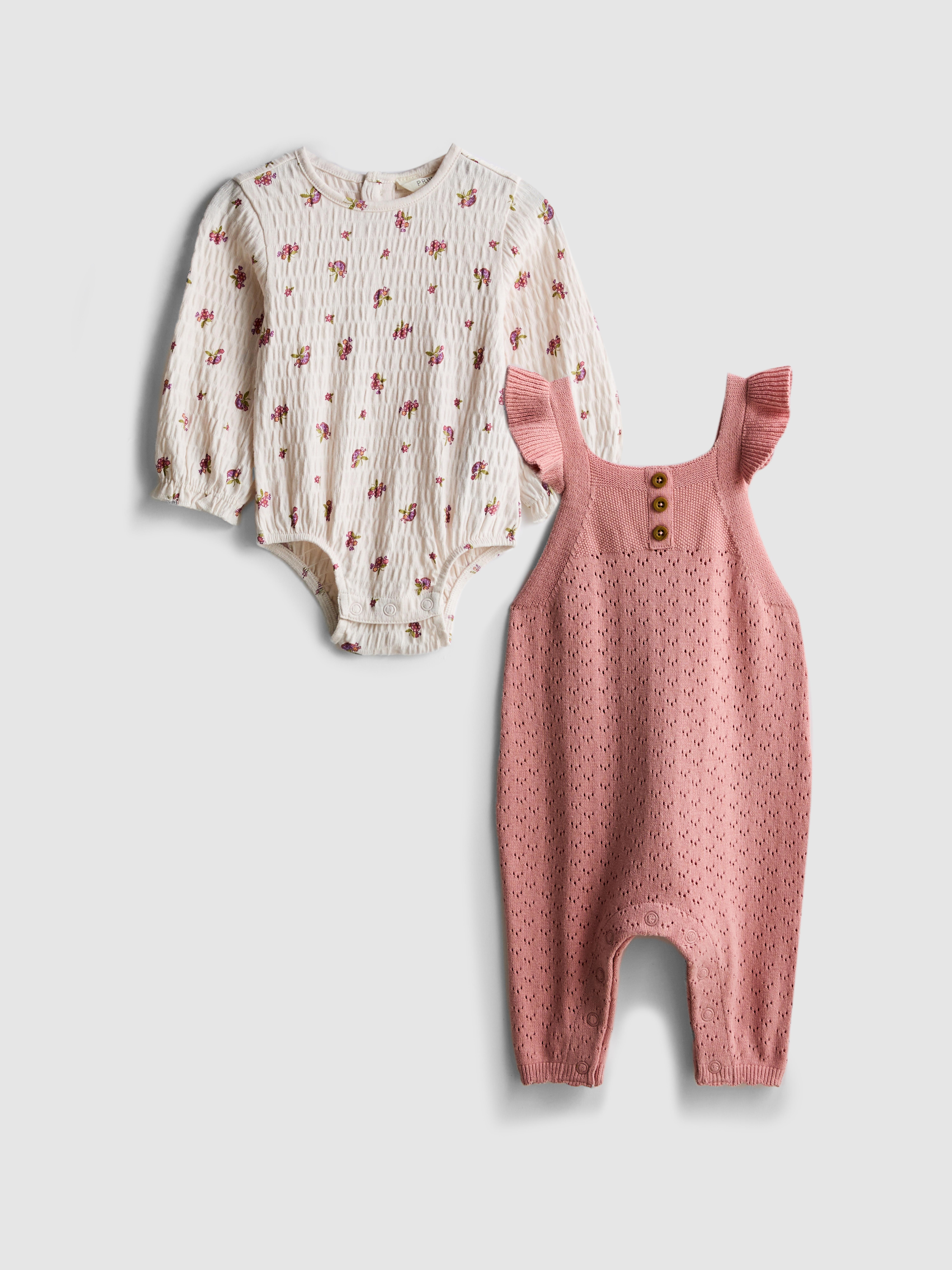 0-18mths | Long Sleeve Bodysuit and Knit Dungarees Newborn Set
