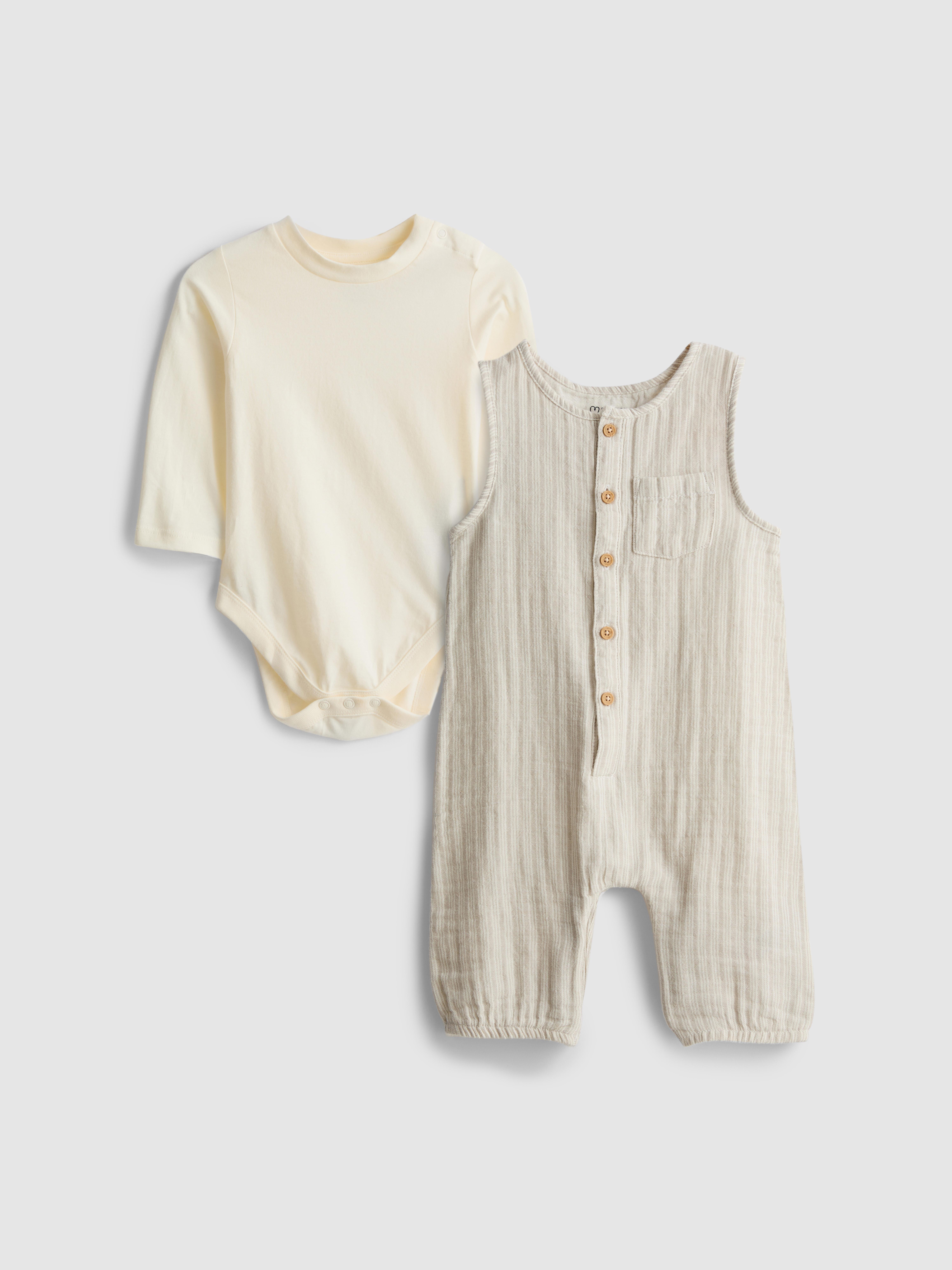 0-18mths | Long Sleeve Bodysuit and Stripe Dungarees Newborn Set