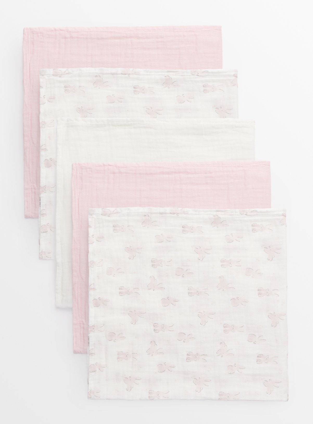 Pink Bunny Print & White Muslin Squares 5 Pack