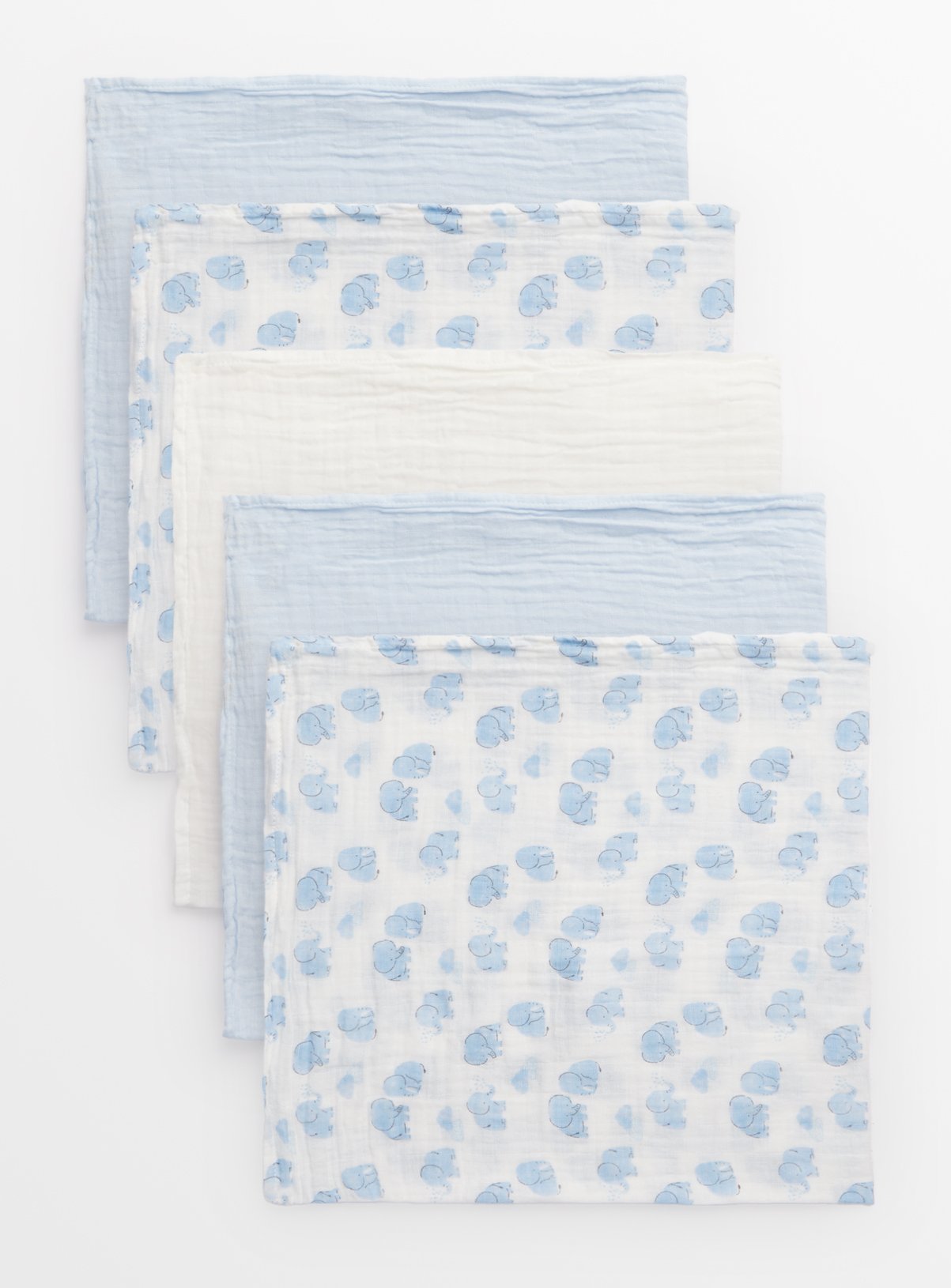 Blue Elephant Print & White Muslin Squares 5 Pack